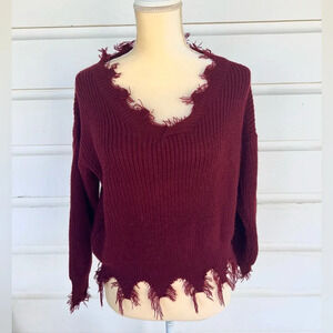 Boutique Woman’s Burgundy Tight Knit V Neck Cozy Sweater Size Small